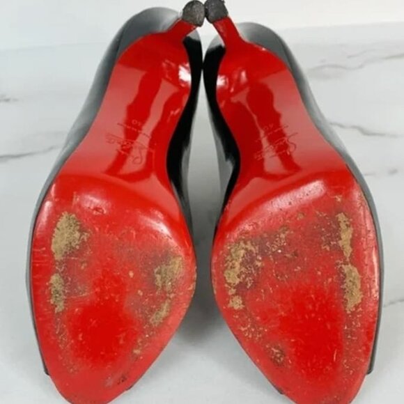 Christian Louboutin Shoes - Black Patent Leather Bow Ankle Peep Toe